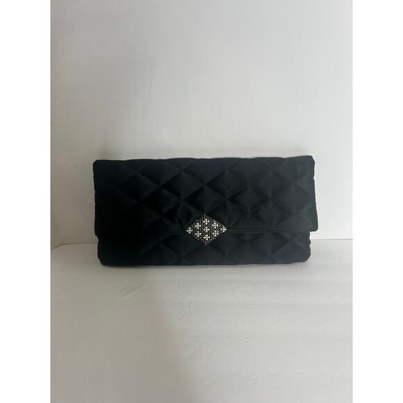 KATE LANDRY Black Clutch Quilted Vtg Purse Evening Folder Bag With Rhinestone - Picture 6 of 16